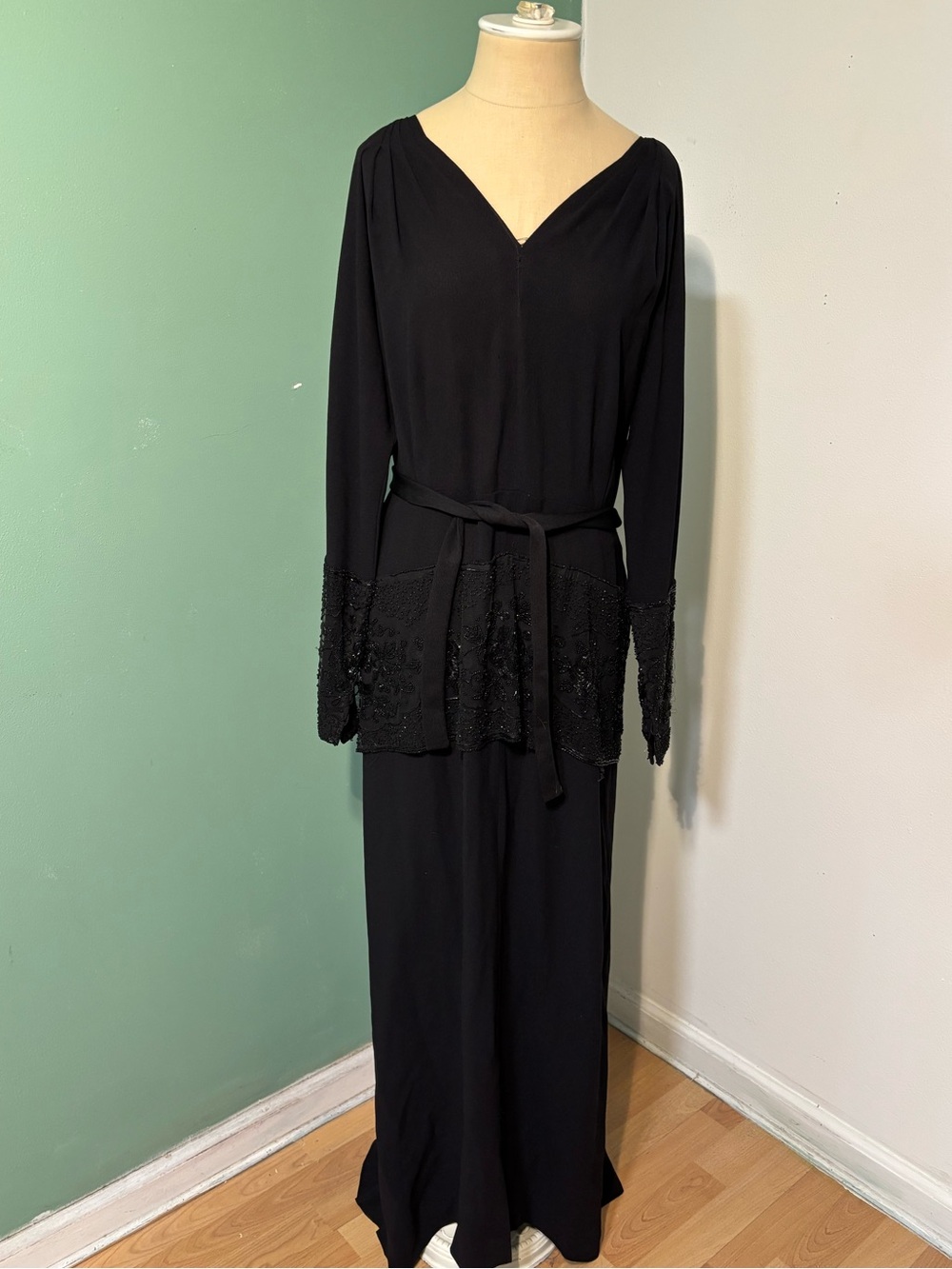 Vintage 1930’s 1940’s Woman’s Peplum Evening Gown with Black Beading